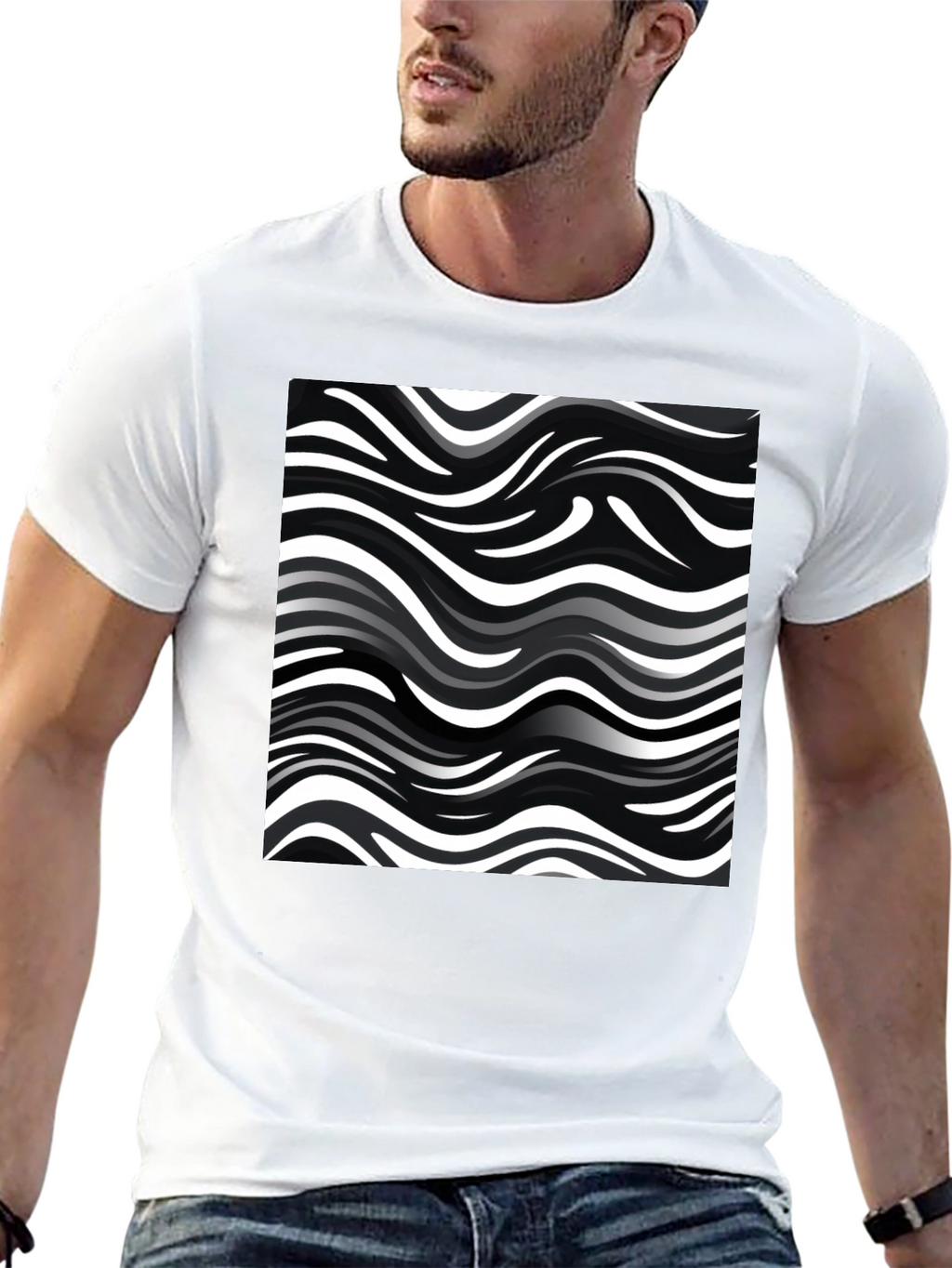 Wavy Stripe Print Black T-Shirt