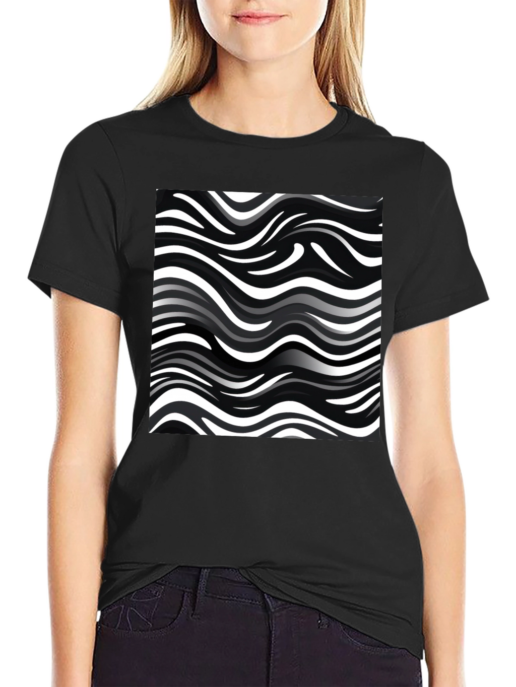 Wavy Stripe Print Black T-Shirt