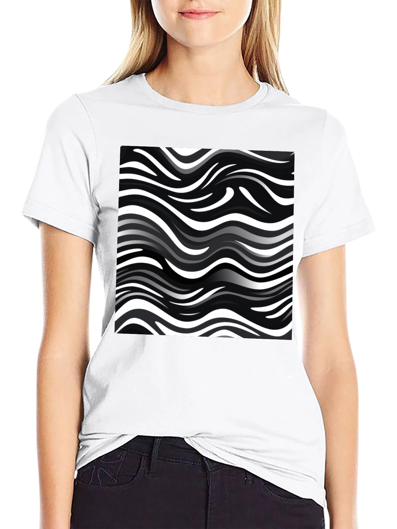 Wavy Stripe Print Black T-Shirt