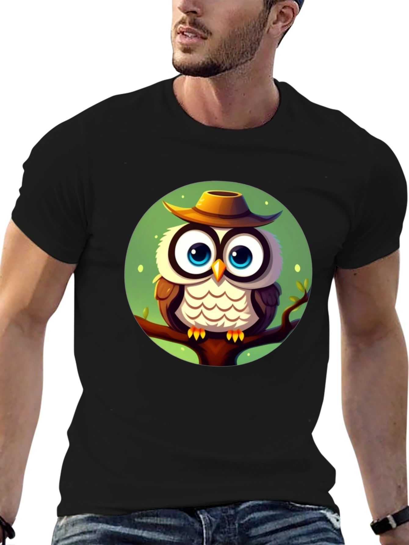 Owl with Hat Graphic Tee - Mens Black T-Shirt