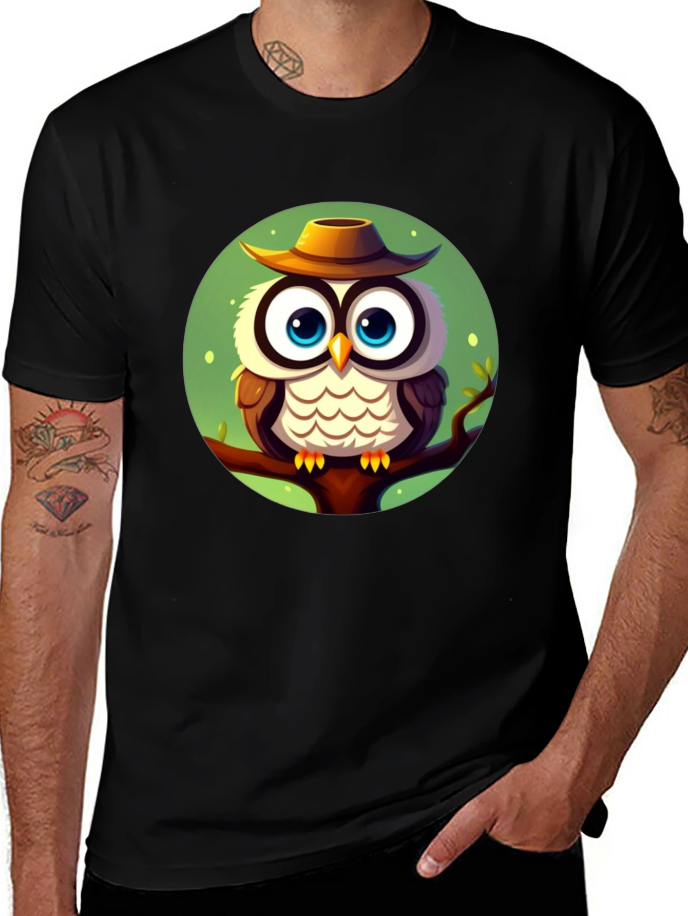 Owl with Hat Graphic Tee - Mens Black T-Shirt