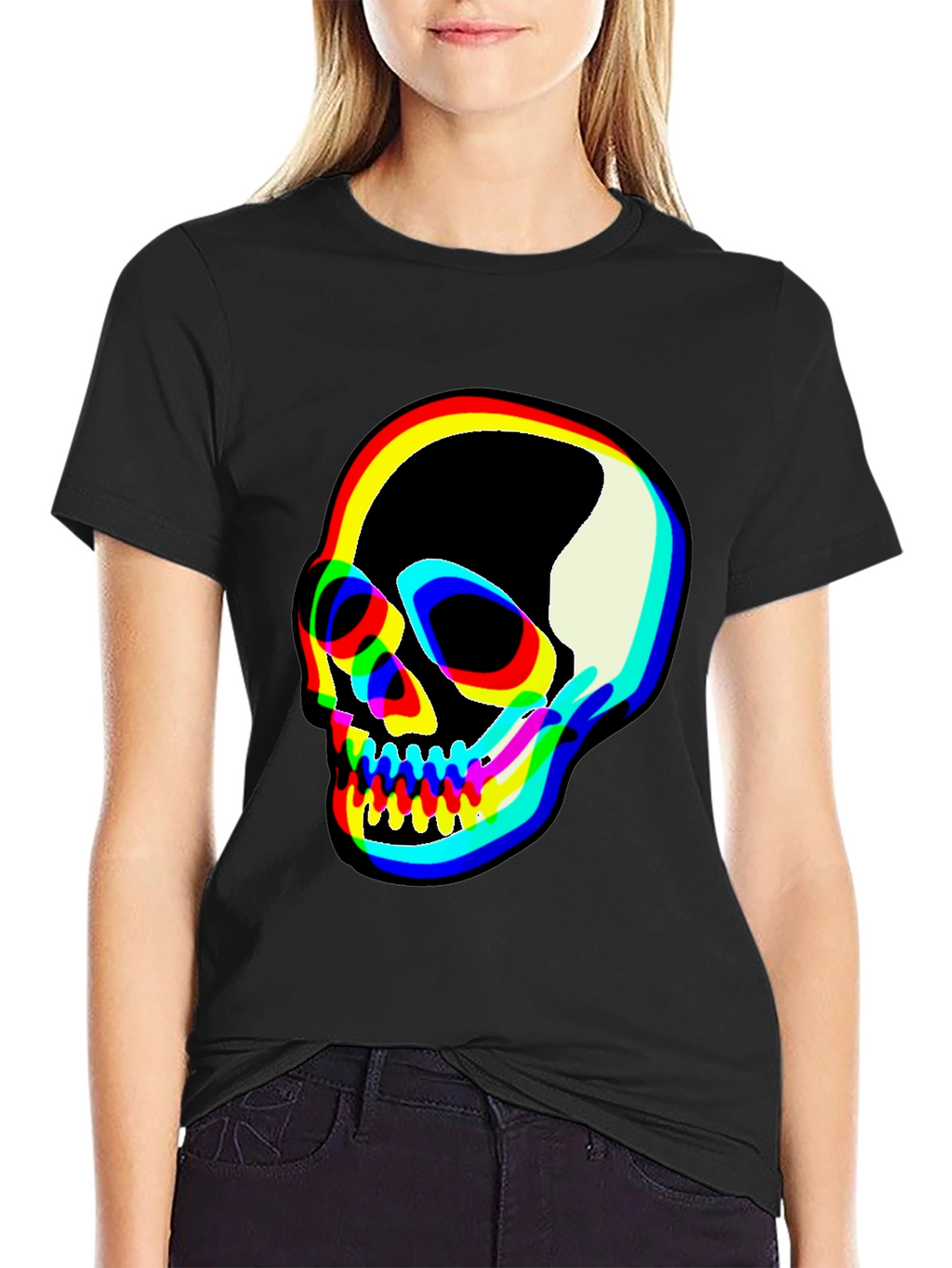 Vibrant Skull Graphic Tee - Black Cotton Blend T-Shirt