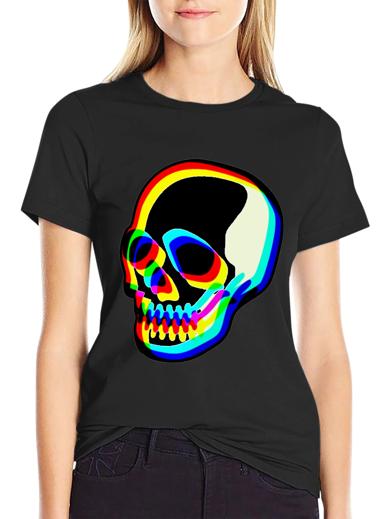 Vibrant Skull Graphic Tee - Black Cotton Blend T-Shirt