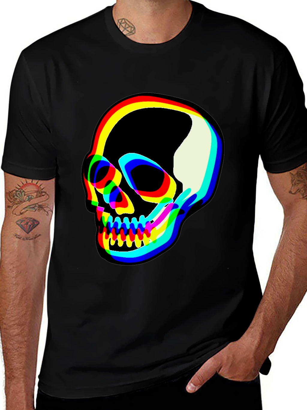Vibrant Skull Graphic Tee - Black Cotton Blend T-Shirt