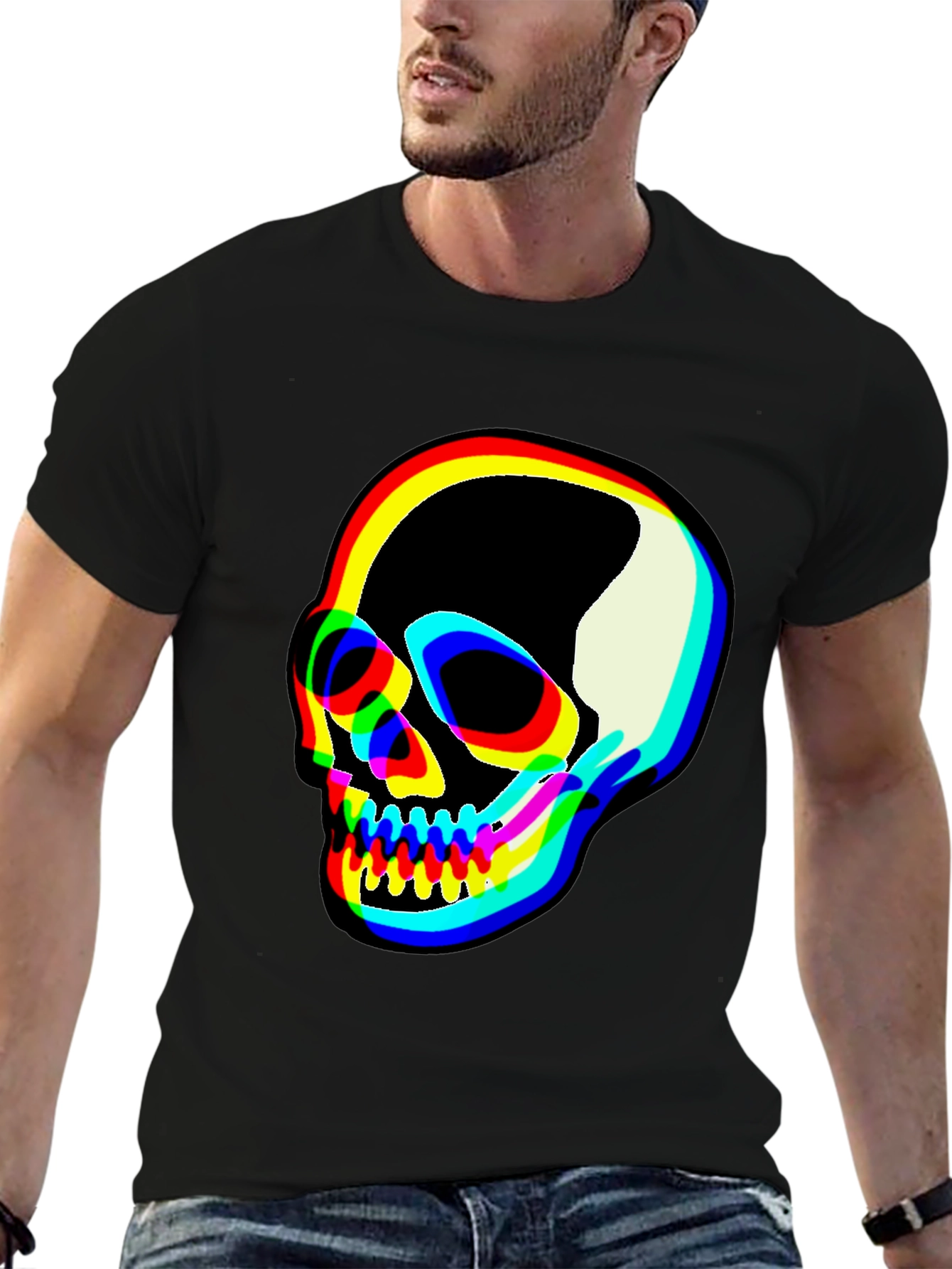 Vibrant Skull Graphic Tee - Black Cotton Blend T-Shirt