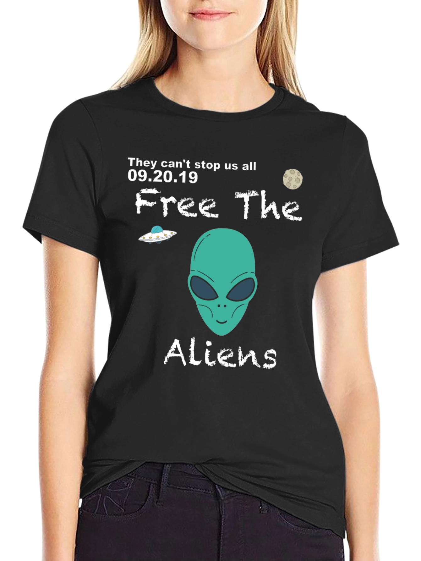 Free The Aliens Black T-Shirt UFO Moon