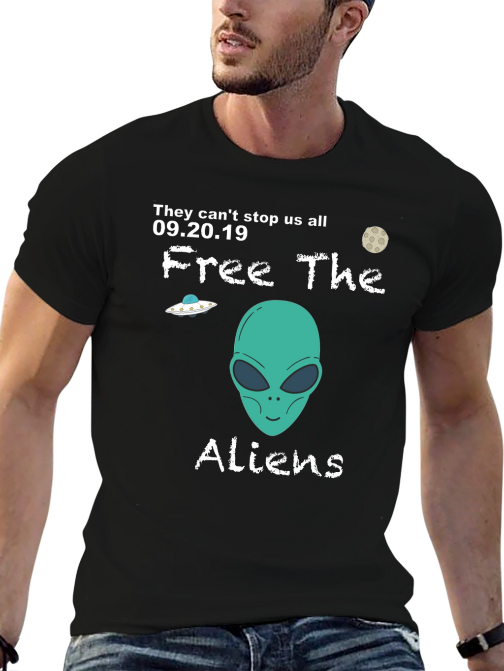 Free The Aliens Black T-Shirt UFO Moon