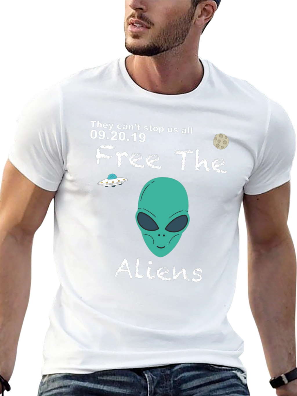 Free The Aliens Black T-Shirt UFO Moon