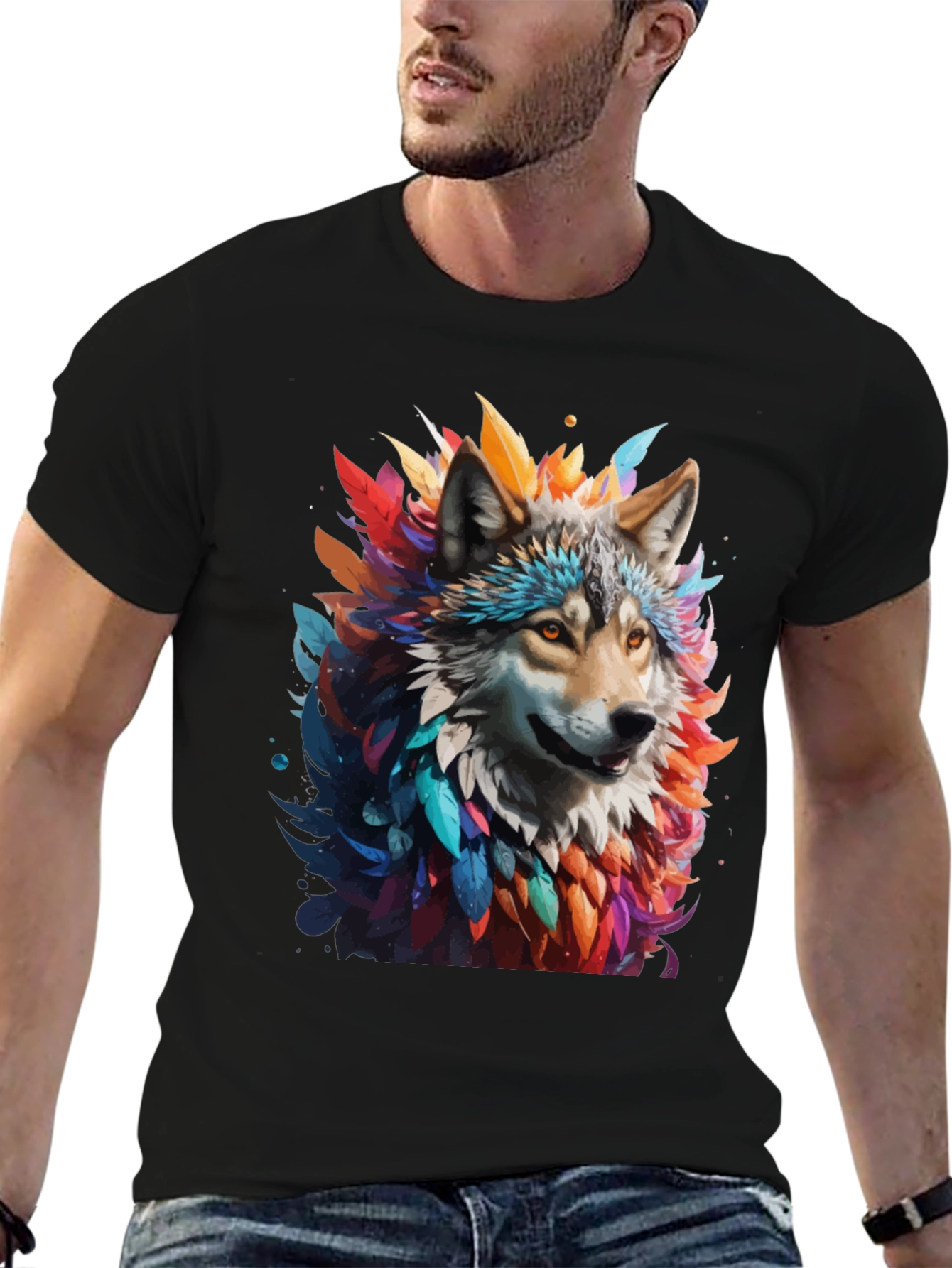 Wolf Feather Art Black T-Shirt