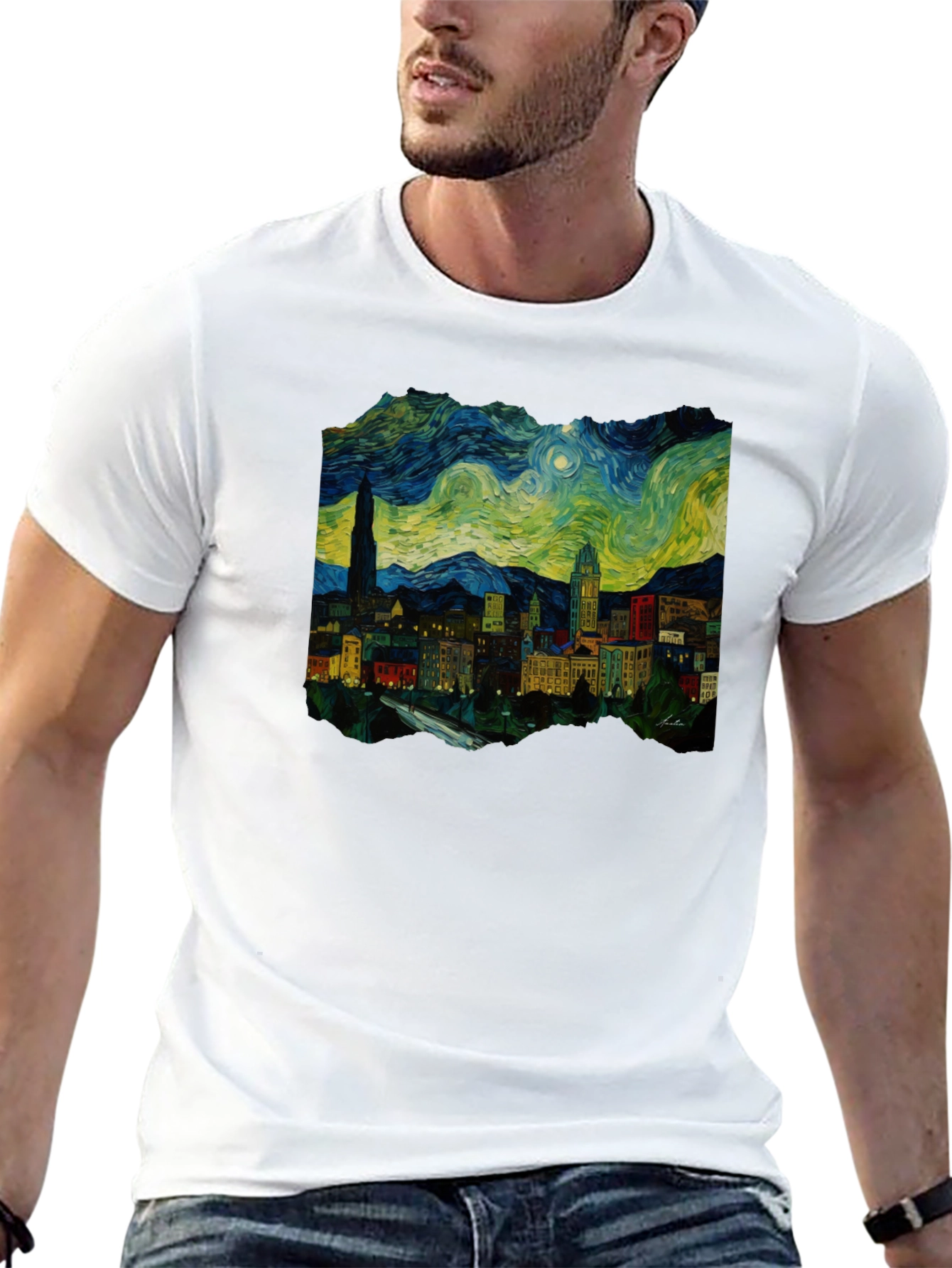 Starry Night Cityscape Black T-Shirt