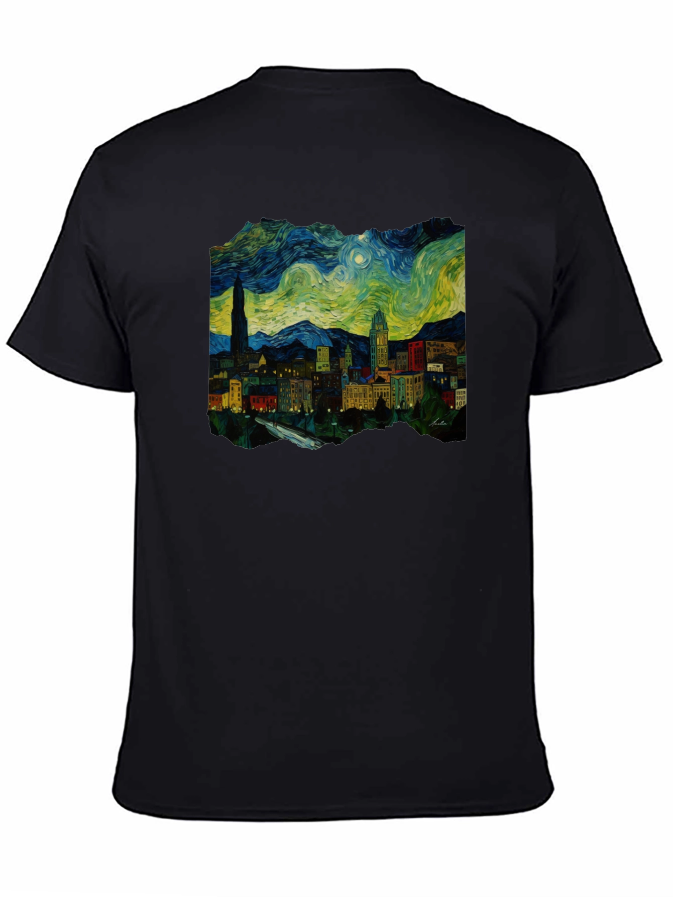 Starry Night Cityscape Black T-Shirt