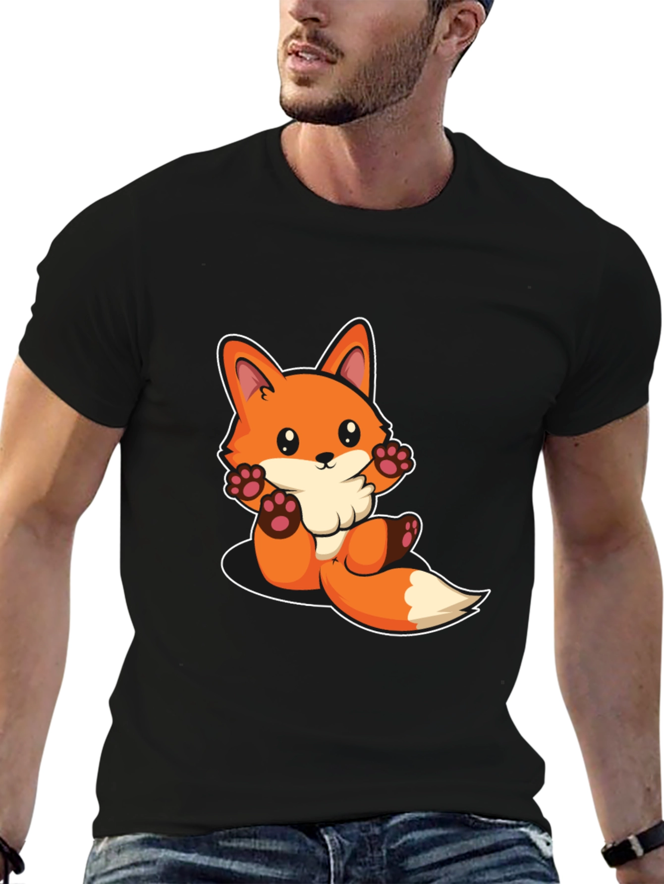 Cute Cartoon Fox Graphic Black T-Shirt