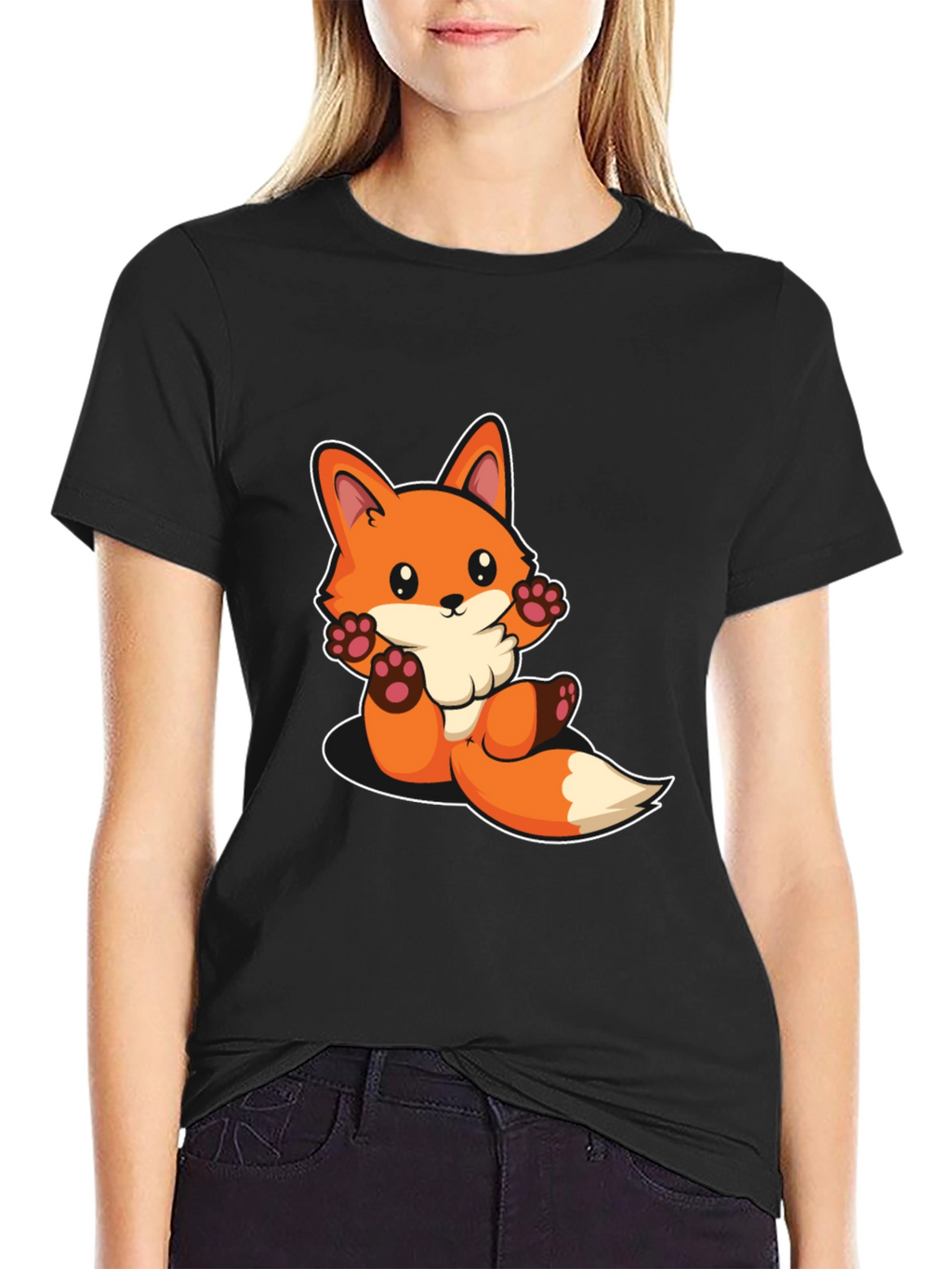Cute Cartoon Fox Graphic Black T-Shirt