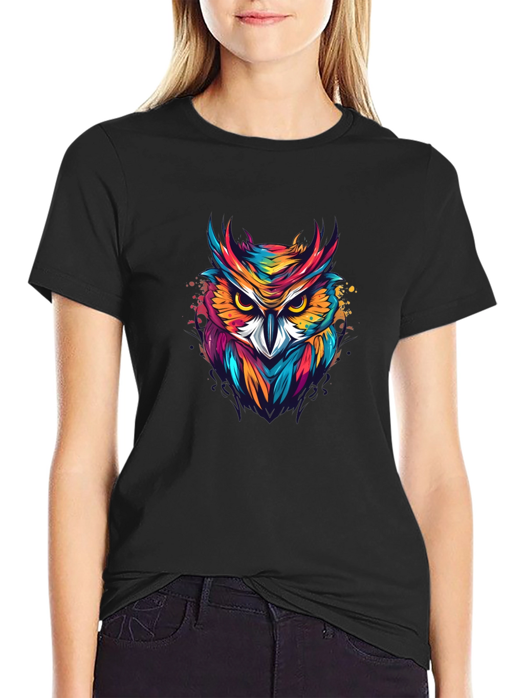 Vibrant Owl Graphic Black T-Shirt