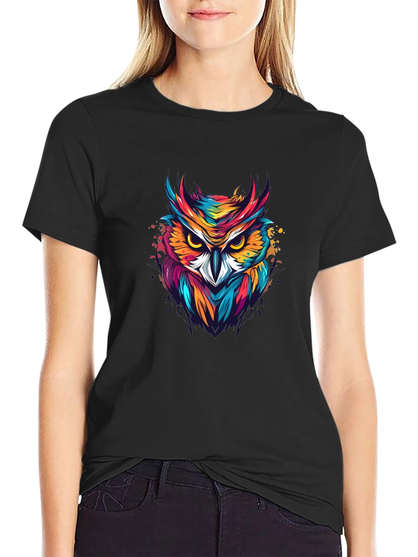 Vibrant Owl Graphic Black T-Shirt