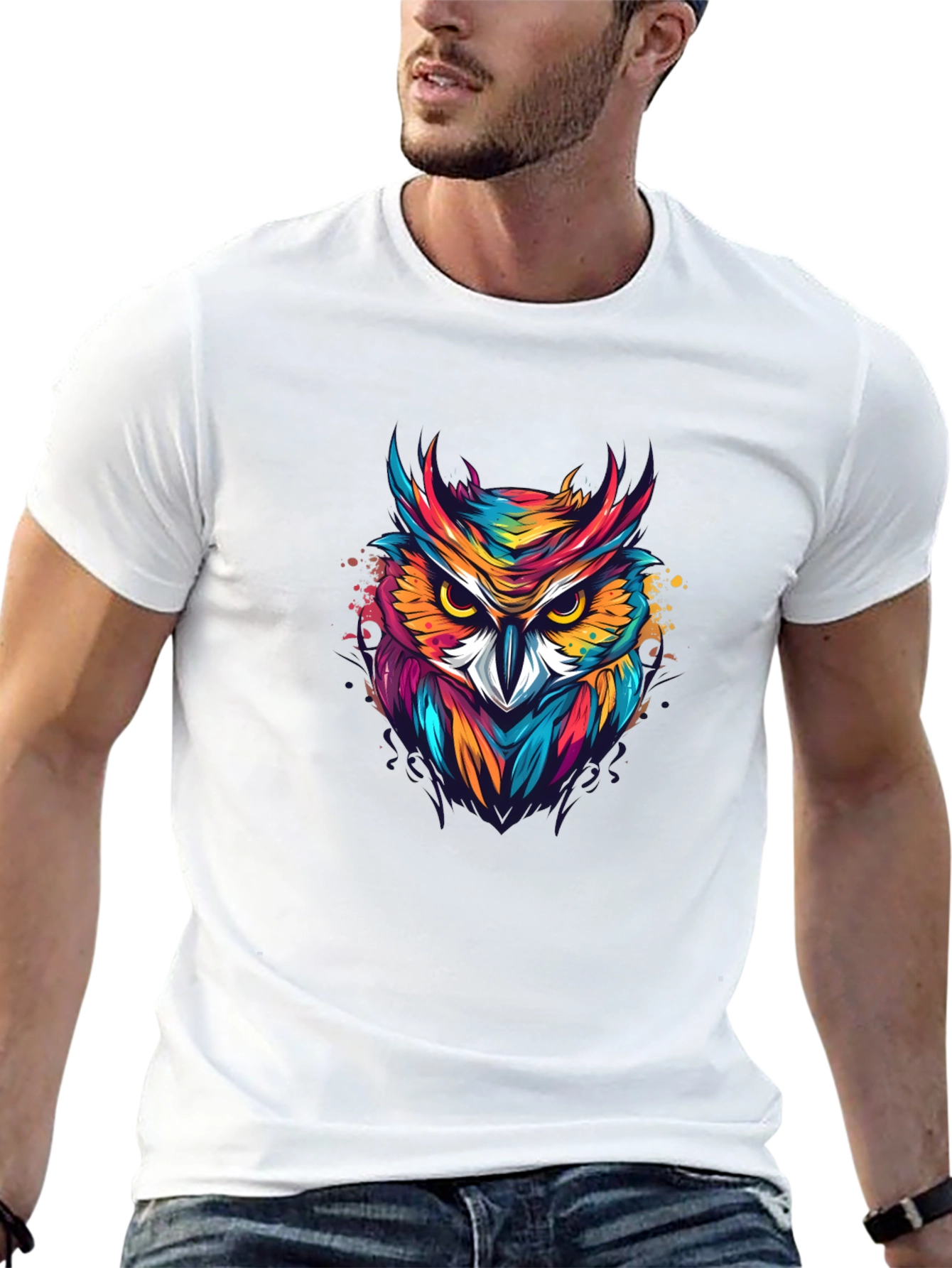 Vibrant Owl Graphic Black T-Shirt