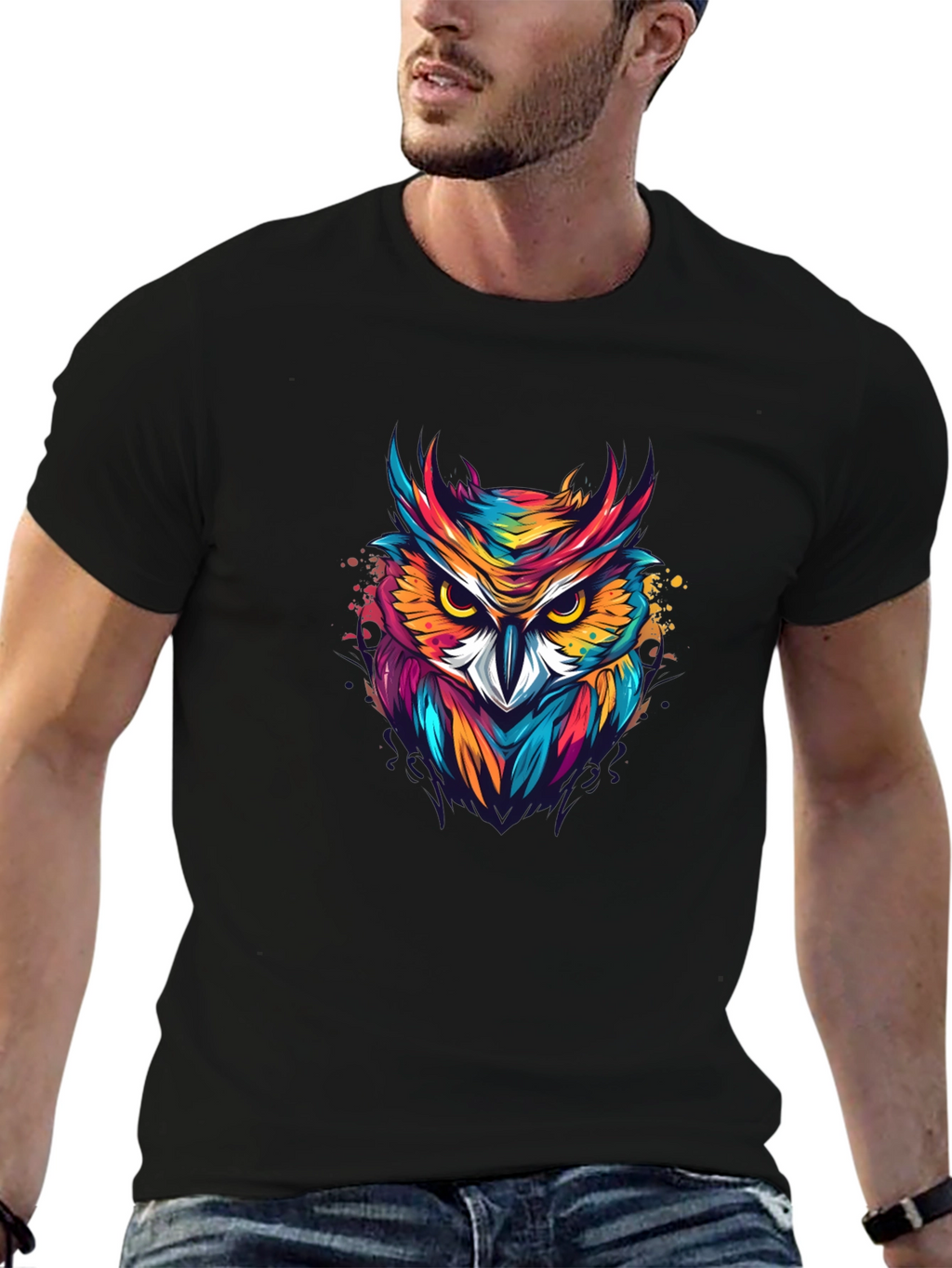 Vibrant Owl Graphic Black T-Shirt