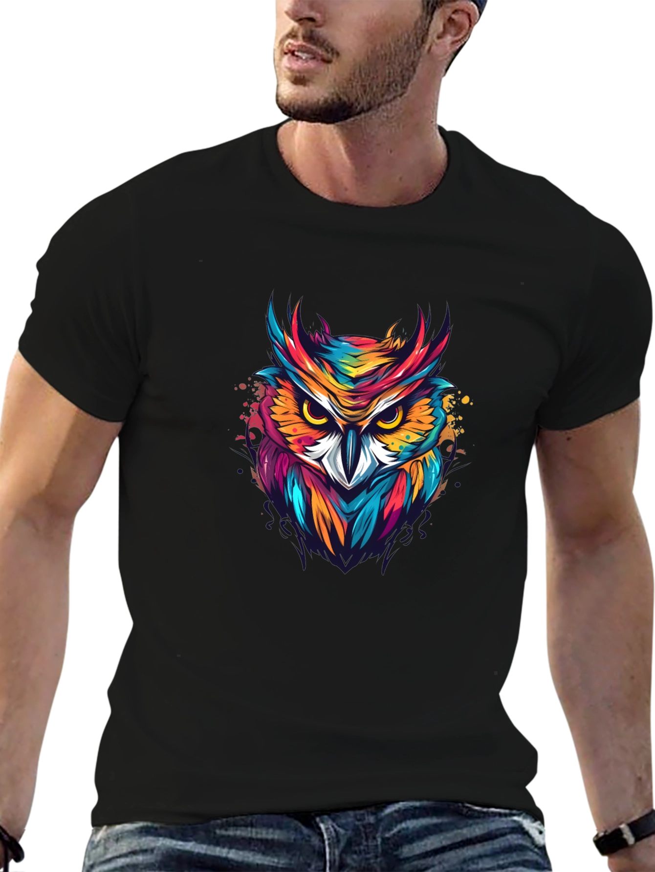 Vibrant Owl Graphic Black T-Shirt