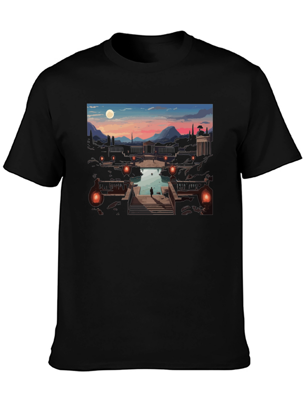 Artistic Black T-Shirt: Sunset Courtyard Design