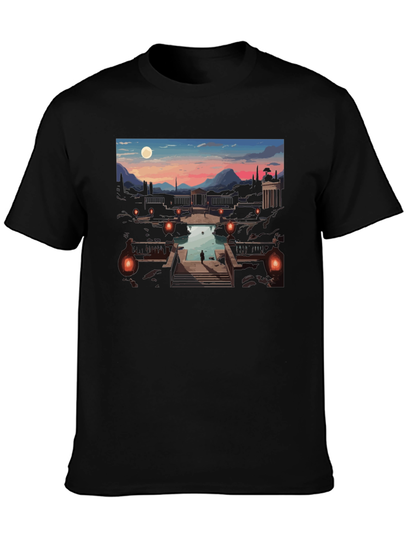 Artistic Black T-Shirt: Sunset Courtyard Design