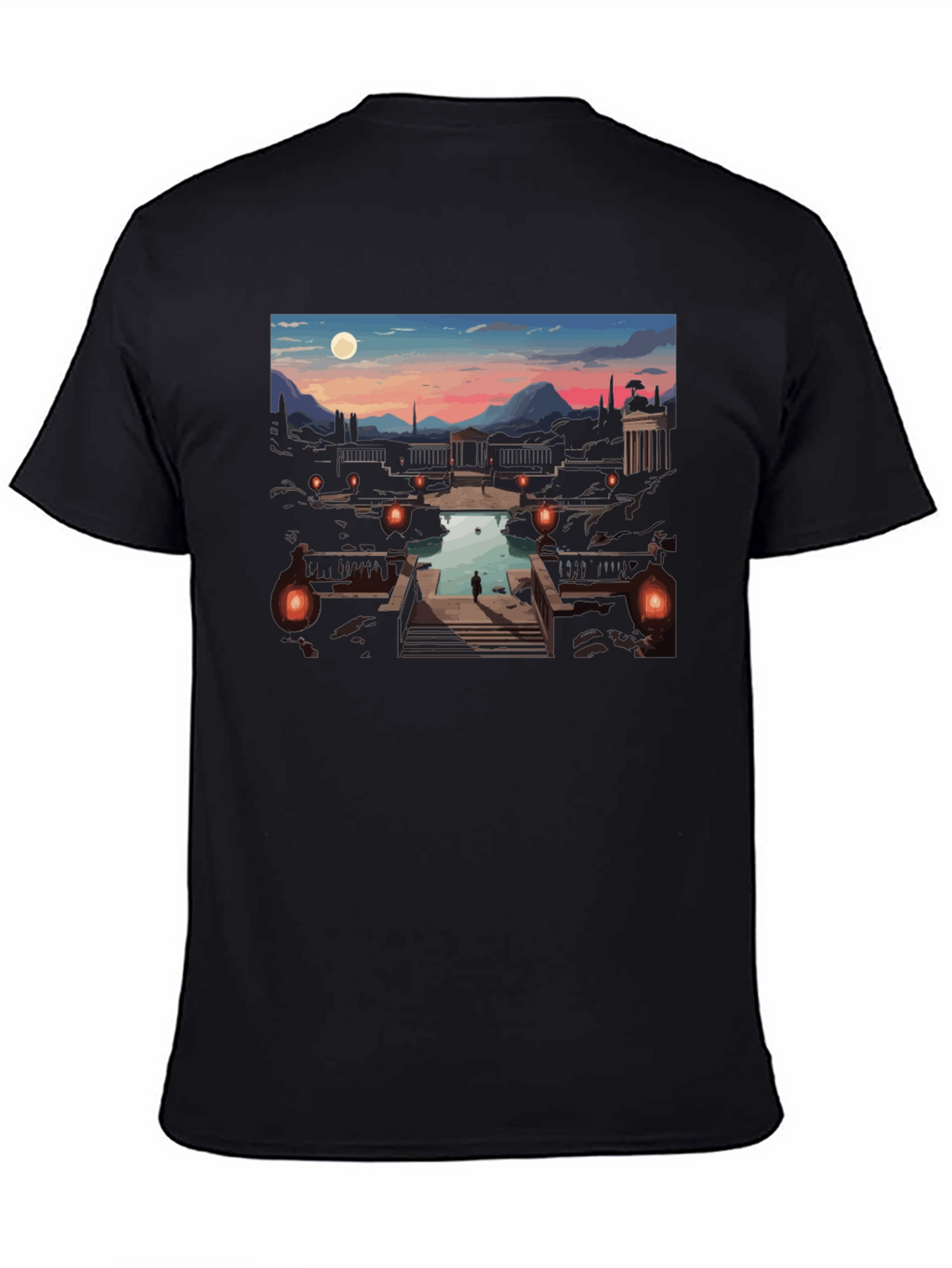 Artistic Black T-Shirt: Sunset Courtyard Design