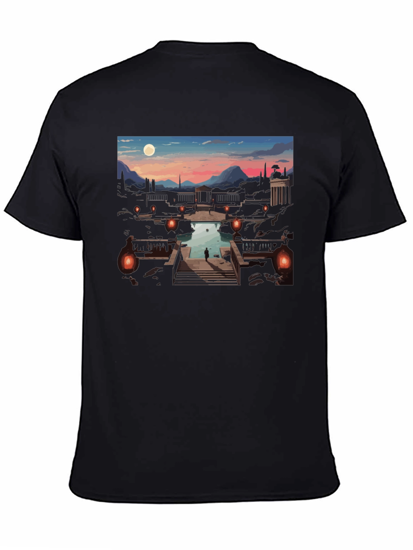 Artistic Black T-Shirt: Sunset Courtyard Design