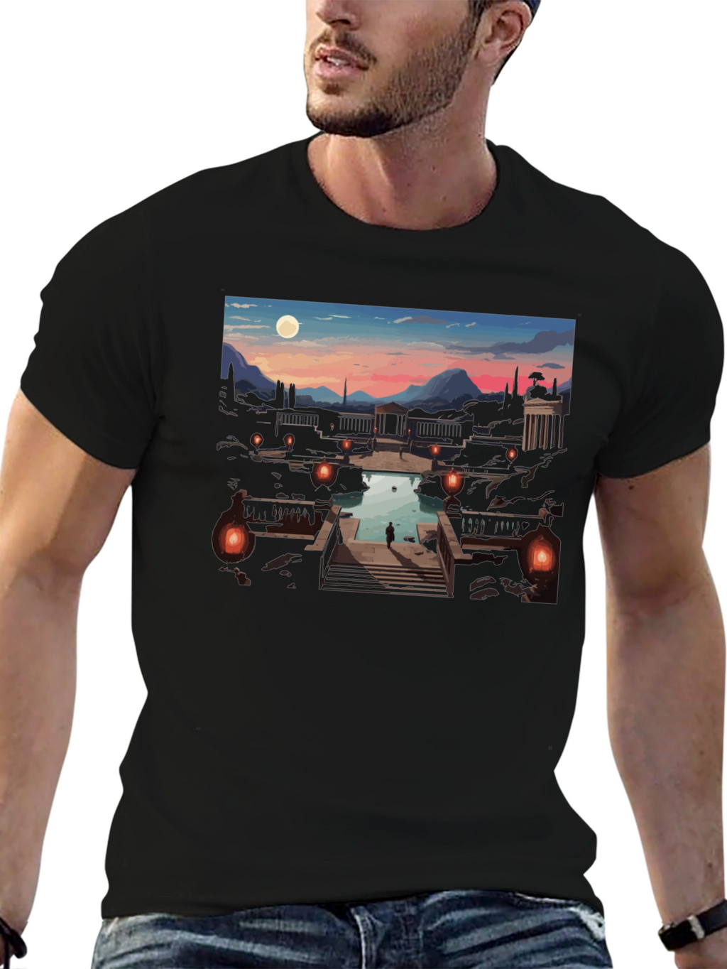 Artistic Black T-Shirt: Sunset Courtyard Design