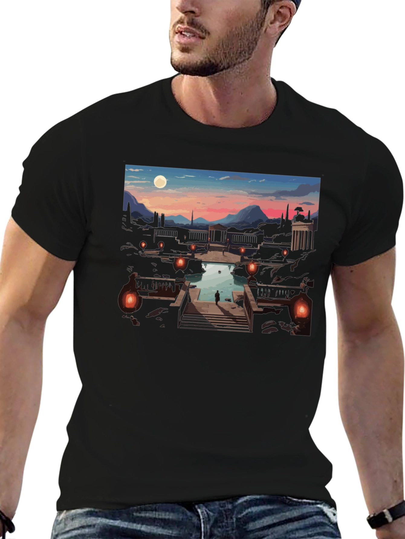 Artistic Black T-Shirt: Sunset Courtyard Design