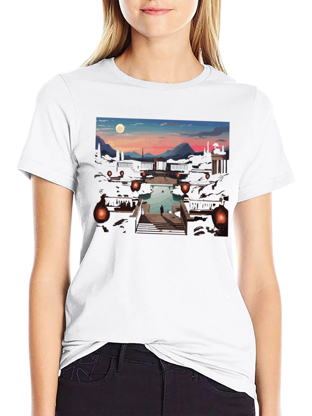 Artistic Black T-Shirt: Sunset Courtyard Design