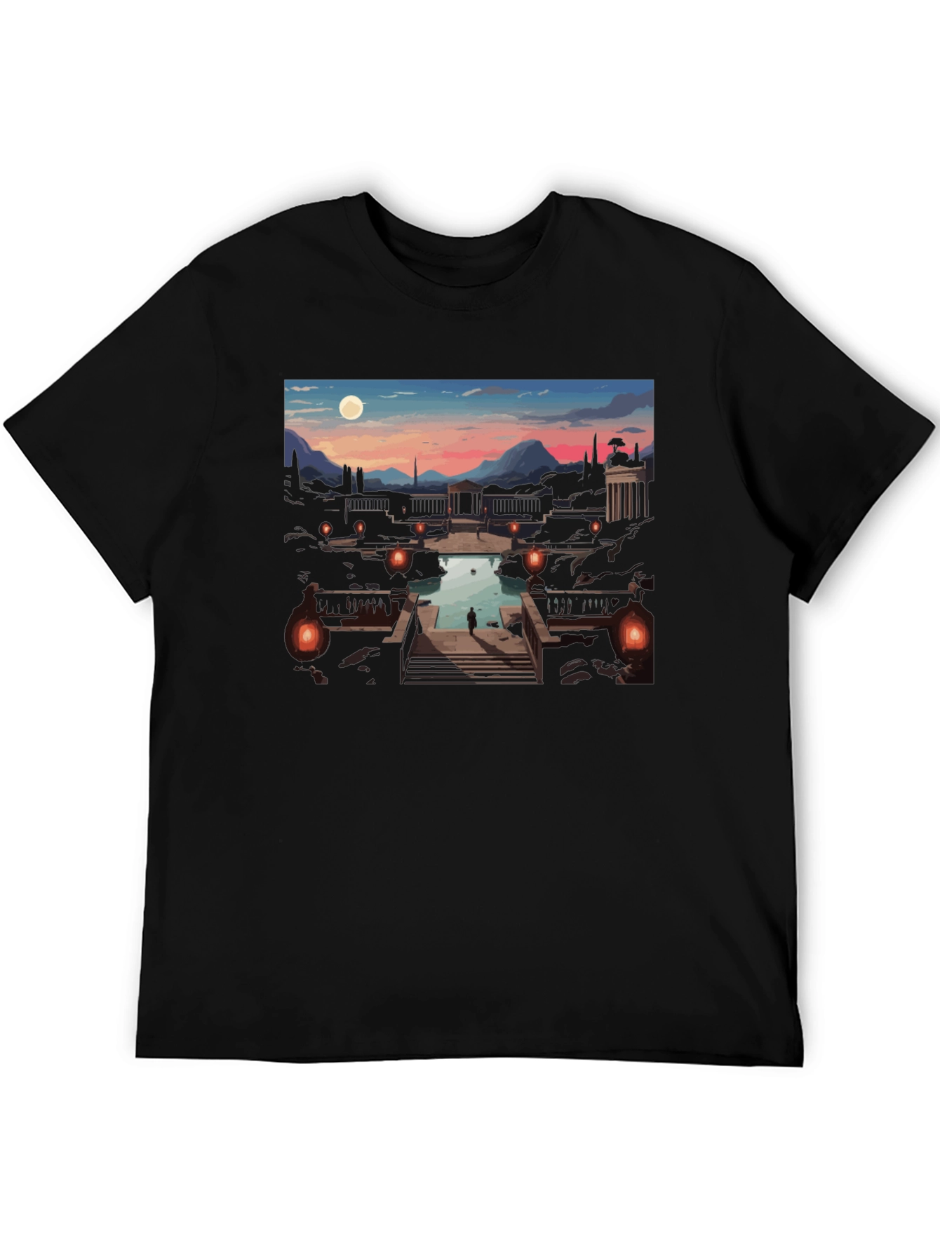 Artistic Black T-Shirt: Sunset Courtyard Design