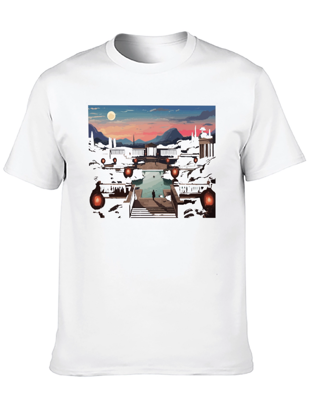 Artistic Black T-Shirt: Sunset Courtyard Design