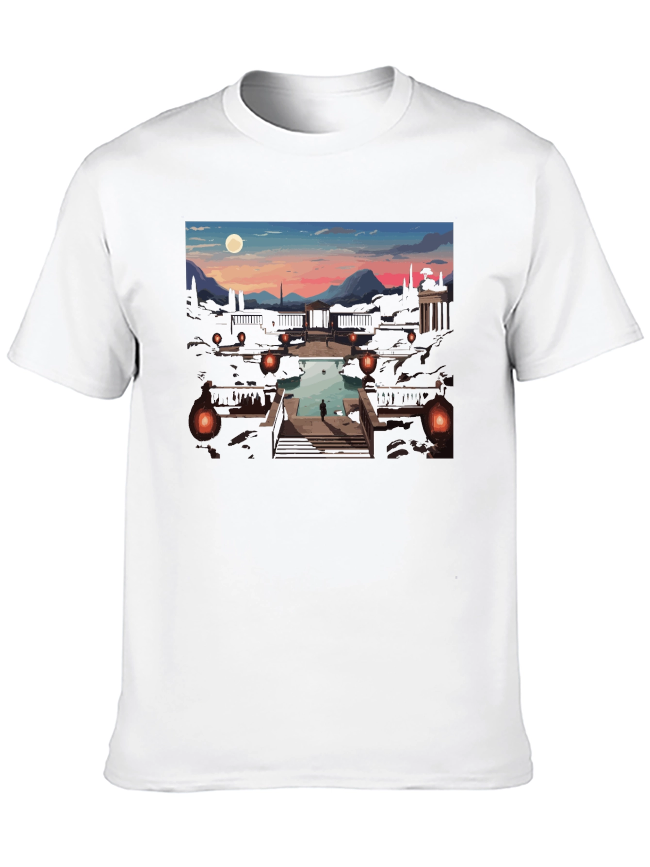 Artistic Black T-Shirt: Sunset Courtyard Design