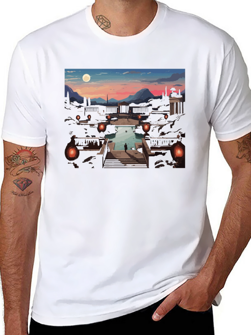 Artistic Black T-Shirt: Sunset Courtyard Design