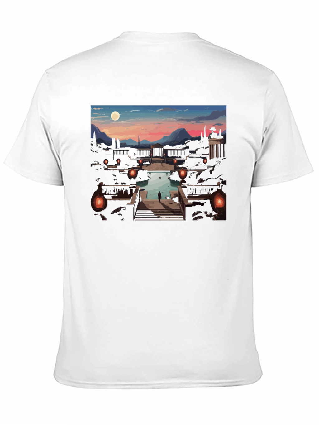 Artistic Black T-Shirt: Sunset Courtyard Design
