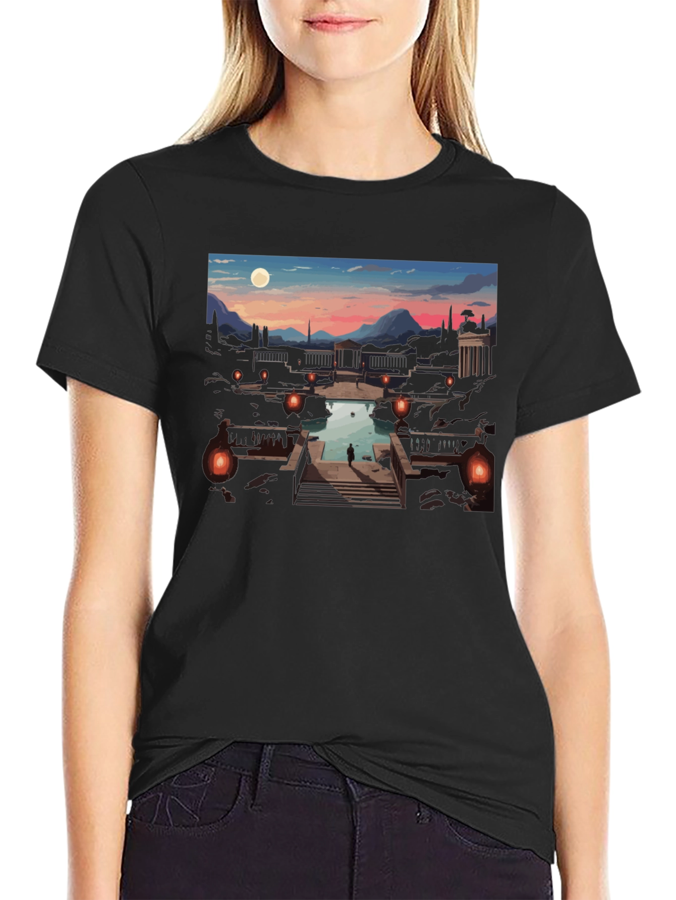 Artistic Black T-Shirt: Sunset Courtyard Design