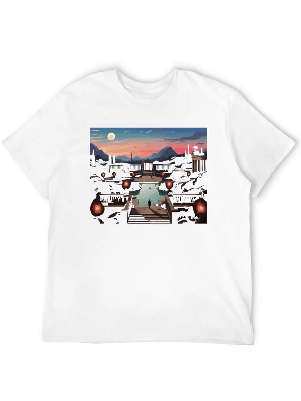 Artistic Black T-Shirt: Sunset Courtyard Design