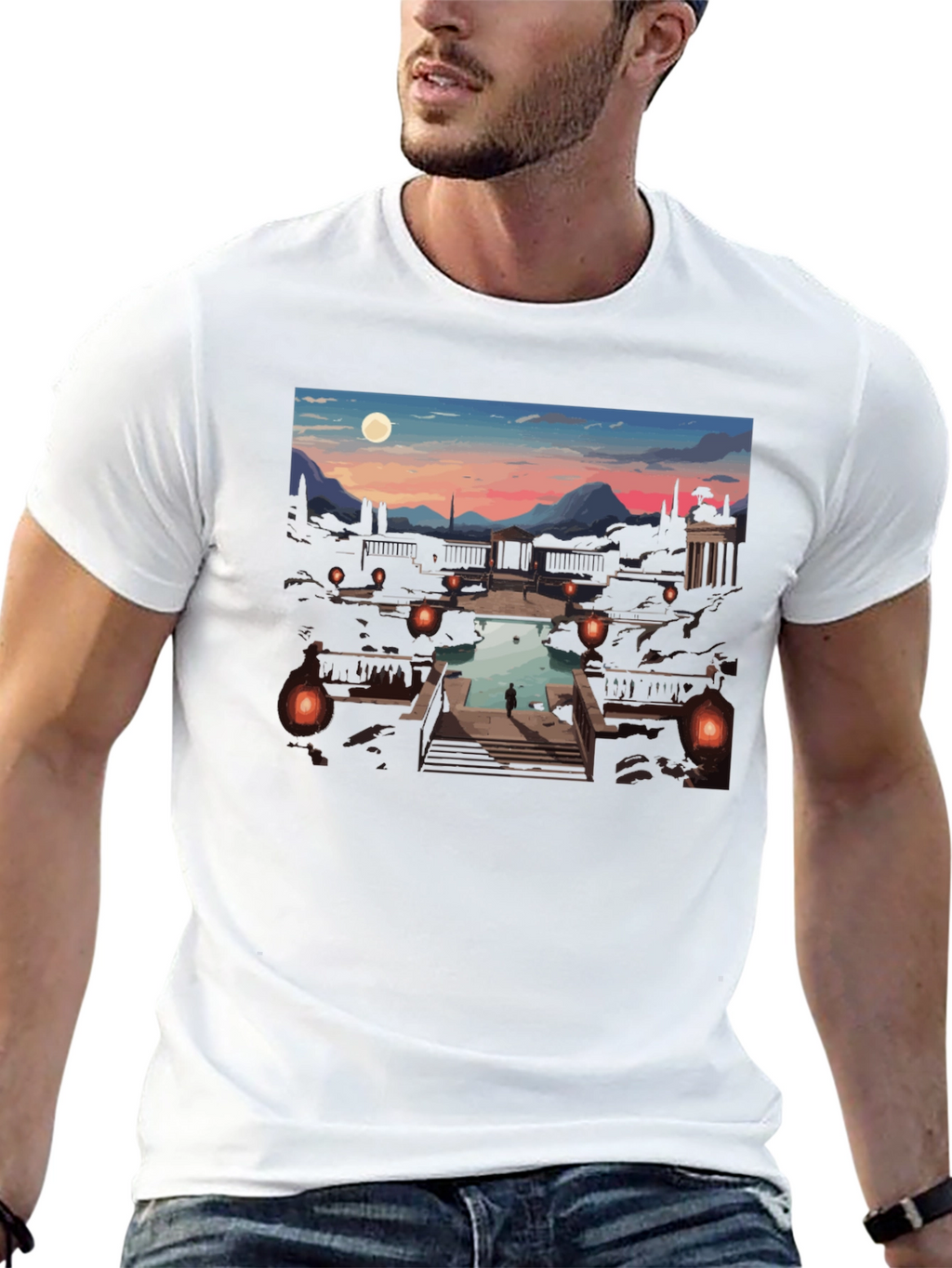 Artistic Black T-Shirt: Sunset Courtyard Design