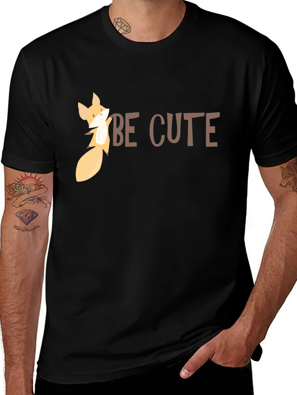 Be Cute Fox Graphic Tee - Black Cotton T-Shirt