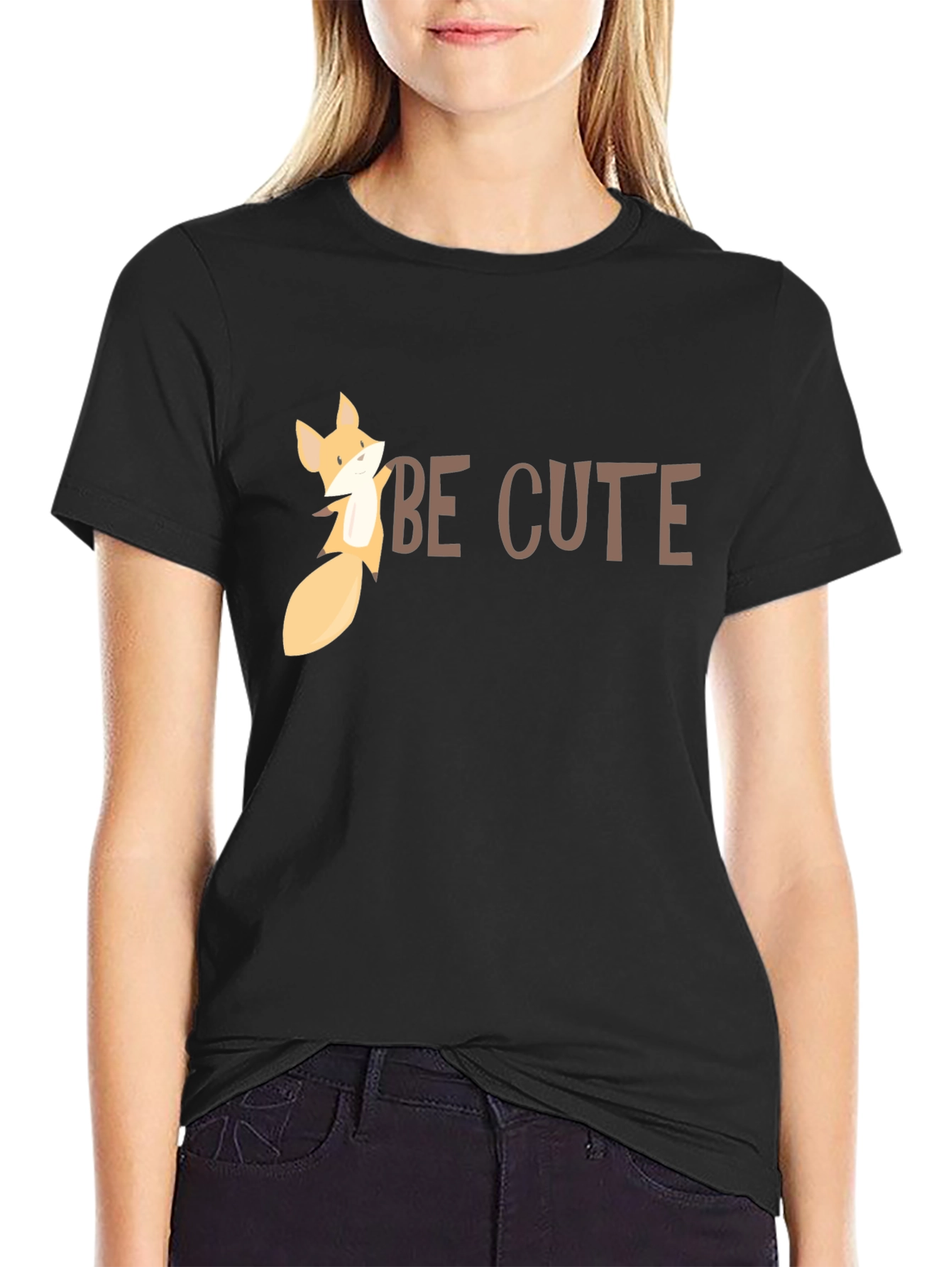 Be Cute Fox Graphic Tee - Black Cotton T-Shirt