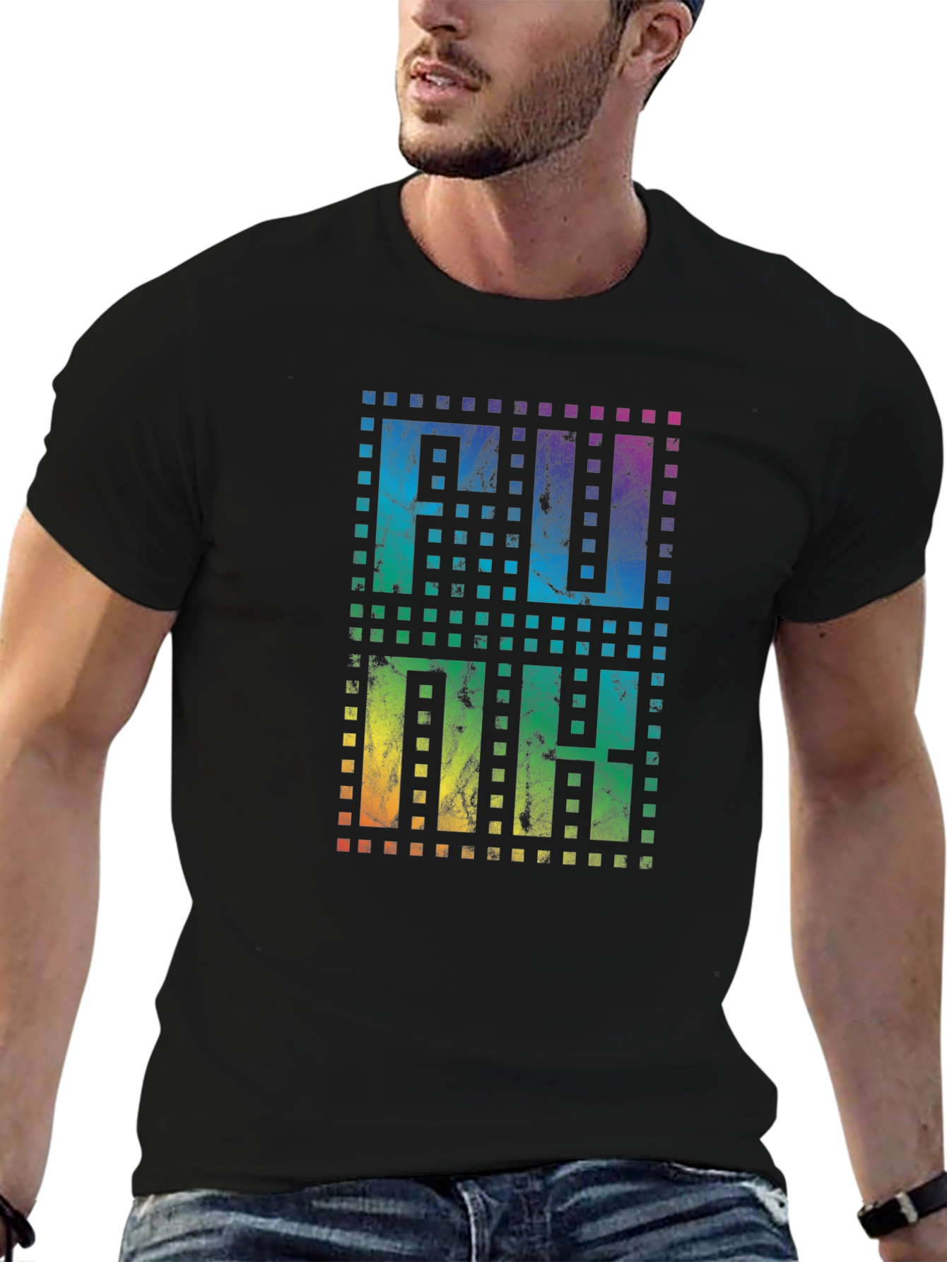 Retro Pixel Rainbow Text Black T-Shirt