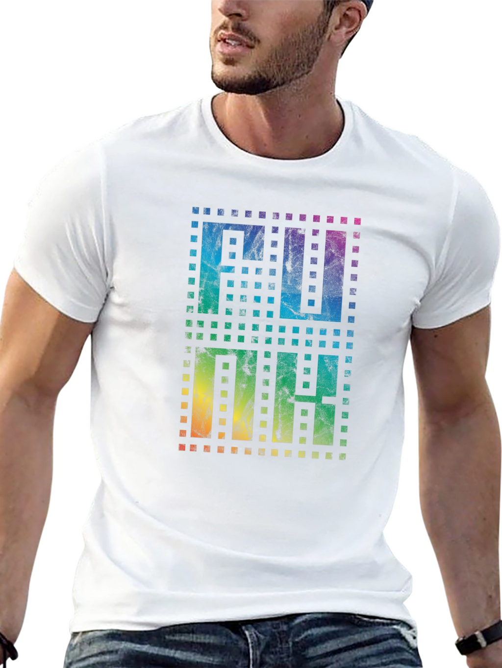 Retro Pixel Rainbow Text Black T-Shirt
