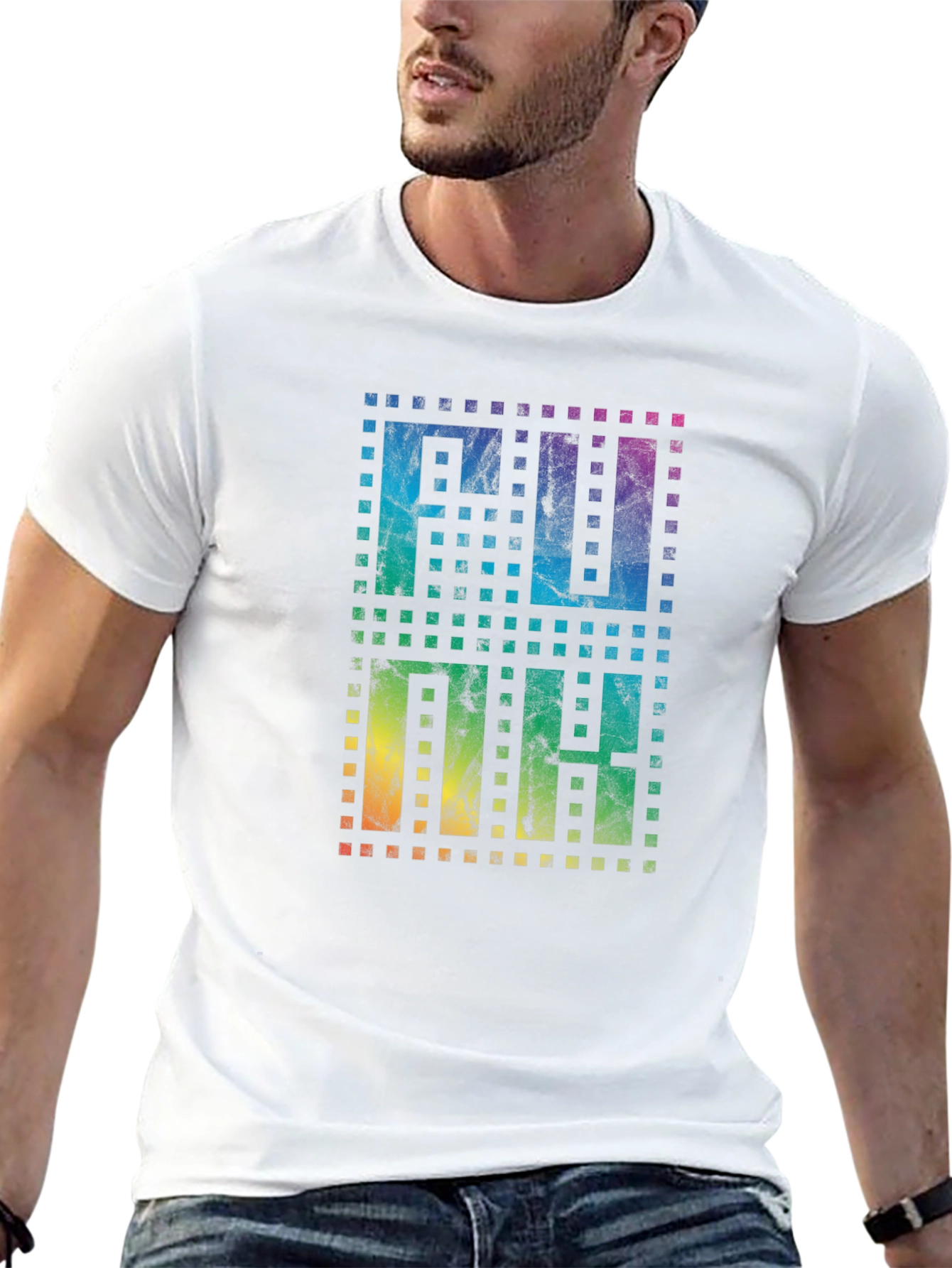 Retro Pixel Rainbow Text Black T-Shirt