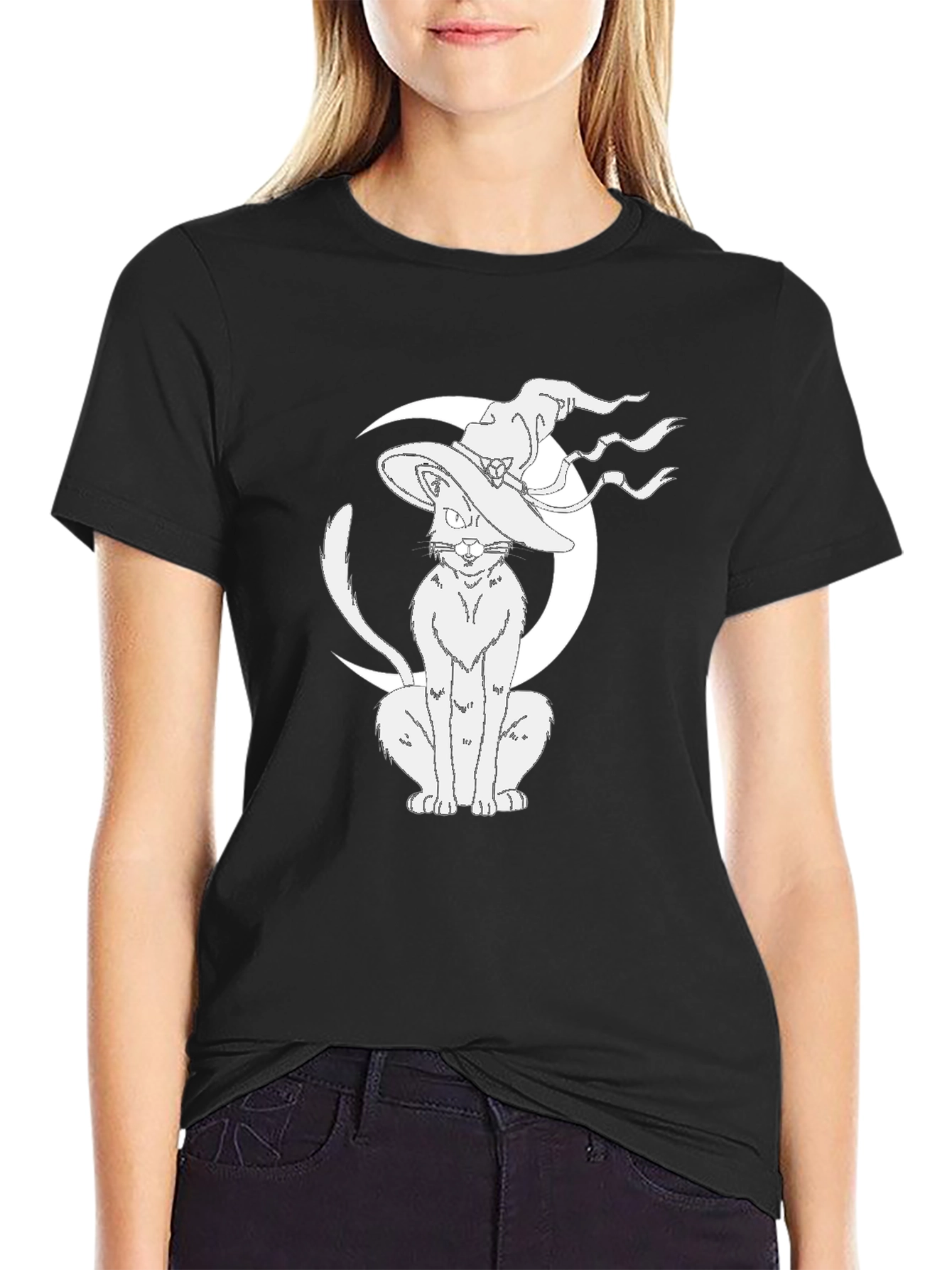 Witch Cat Moon Graphic Tee - Black Cotton T-Shirt