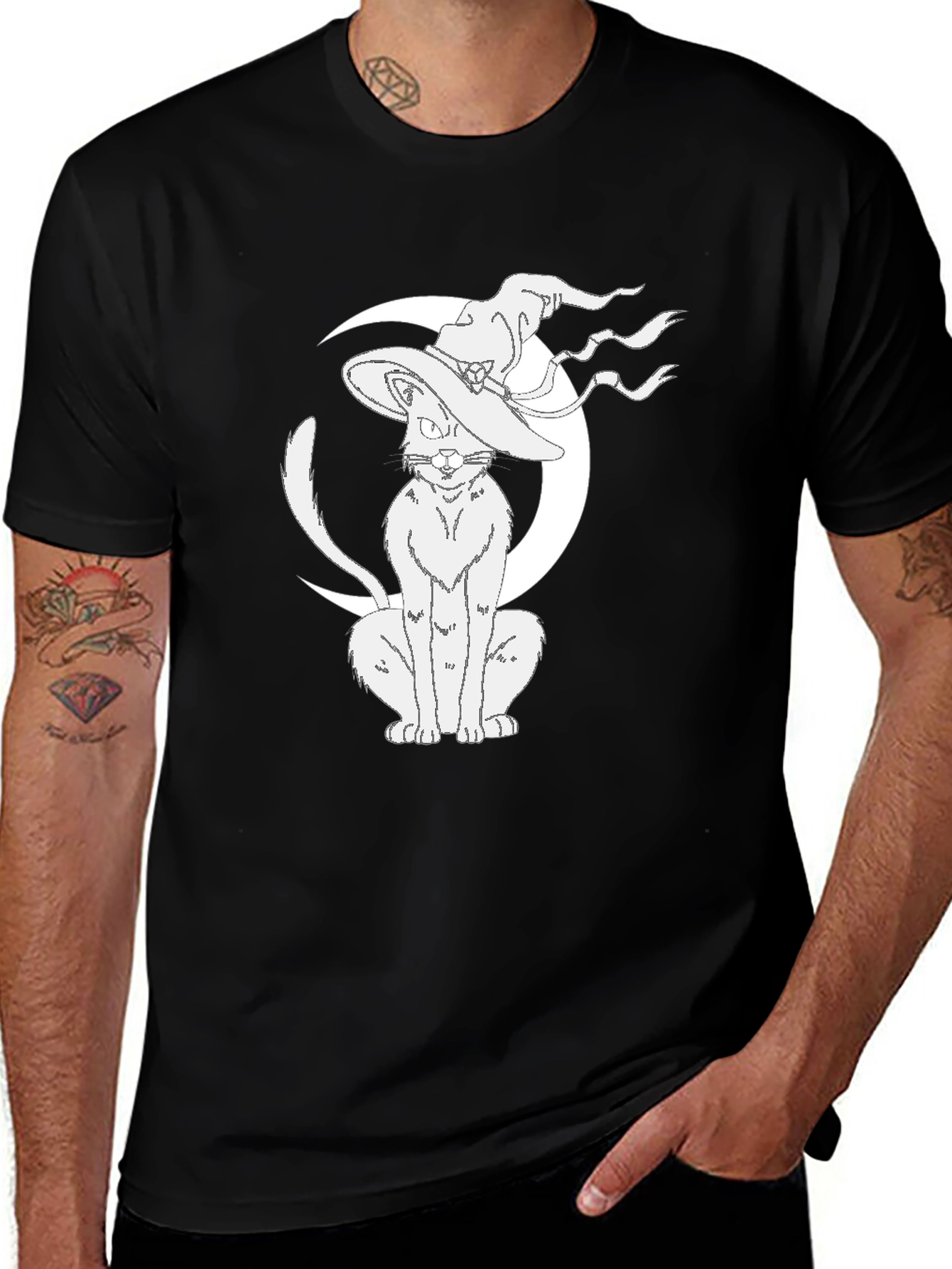Witch Cat Moon Graphic Tee - Black Cotton T-Shirt
