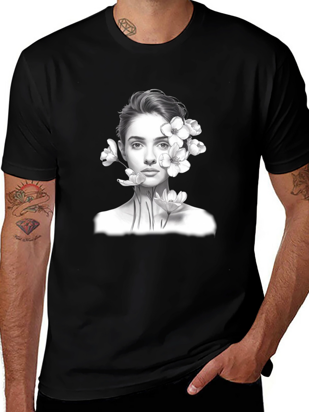 Floral Portrait Graphic Tee - Black