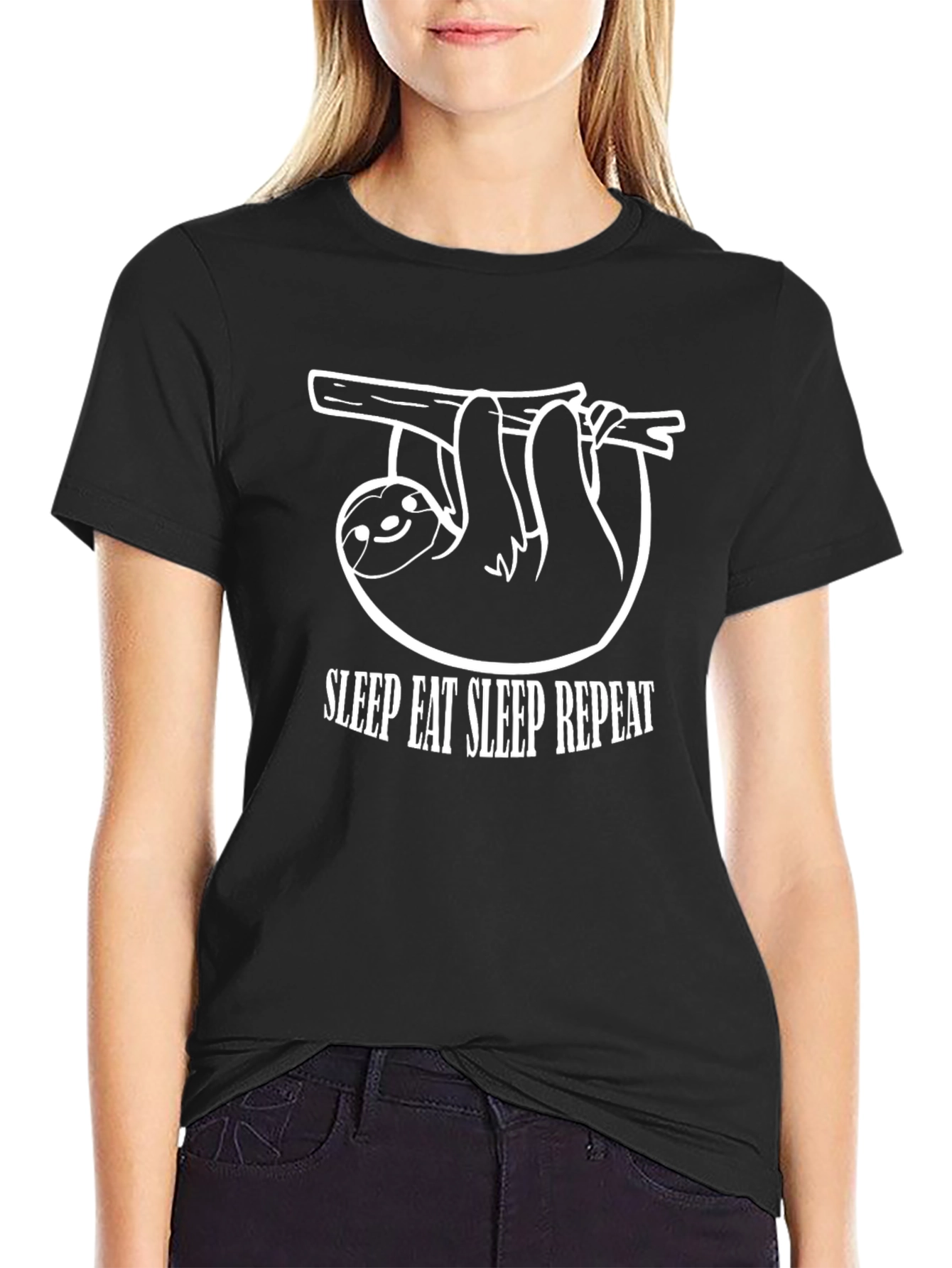 Sleep Eat Repeat Sloth Graphic Tee - Black