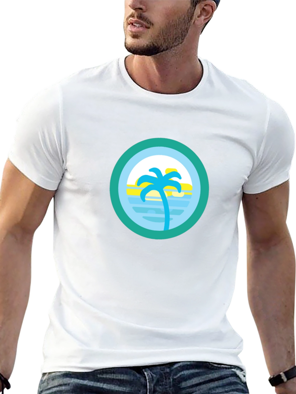 Tropical Palm Tree Circle Graphic Tee - Black