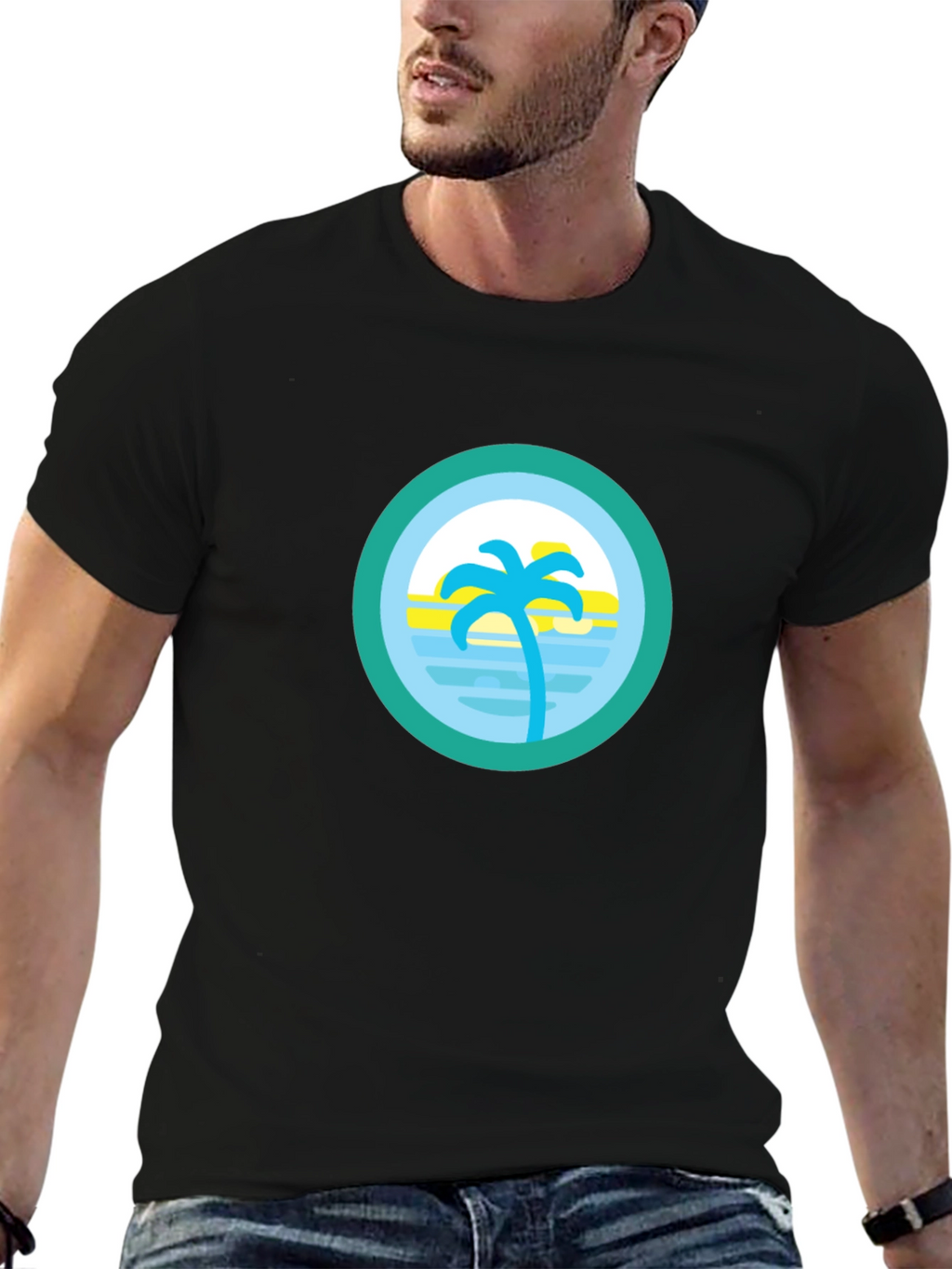 Tropical Palm Tree Circle Graphic Tee - Black