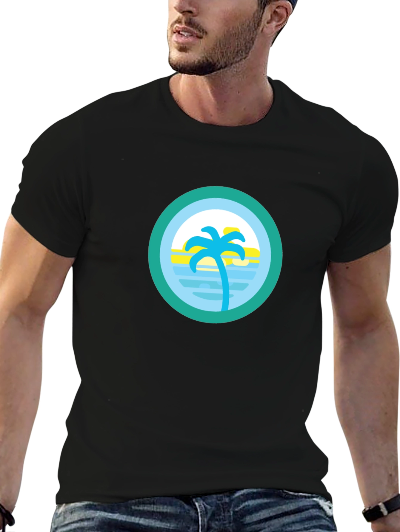 Tropical Palm Tree Circle Graphic Tee - Black