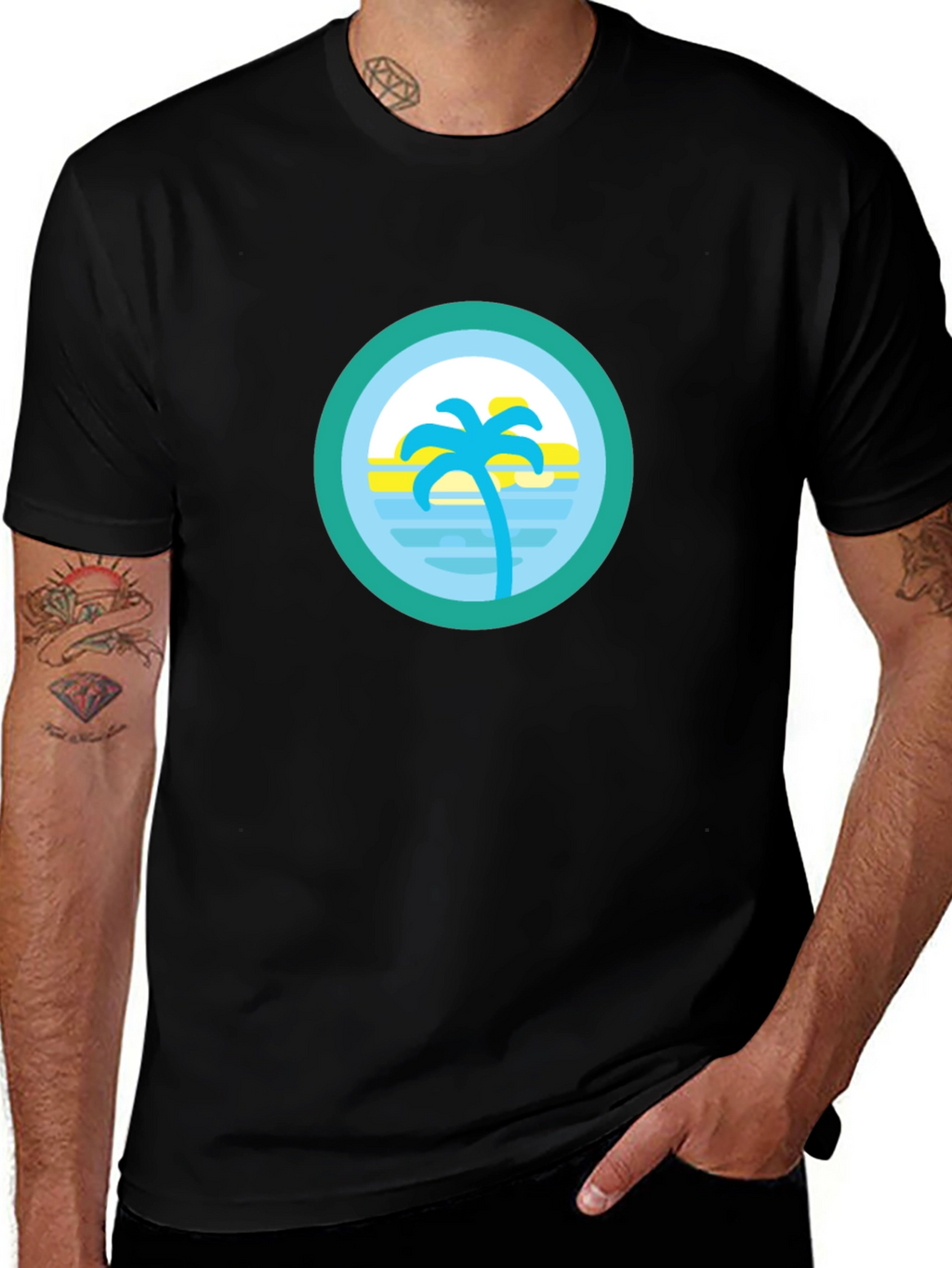 Tropical Palm Tree Circle Graphic Tee - Black